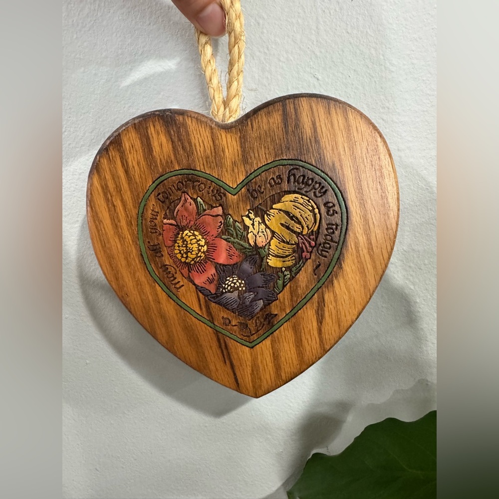 Vintage Wooden Heart Wall Decor 1992 Floral Engraved Hanging Sign Cottage Style